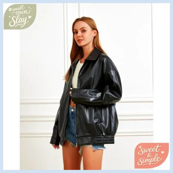 Oversized Faux Leather Motorcycle Jacket Women's Winter Bomber Coat